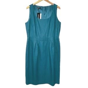 NWT LAFAYETTE 148 Women’s Teal Pleated 100%Linen Sheath Dress 14